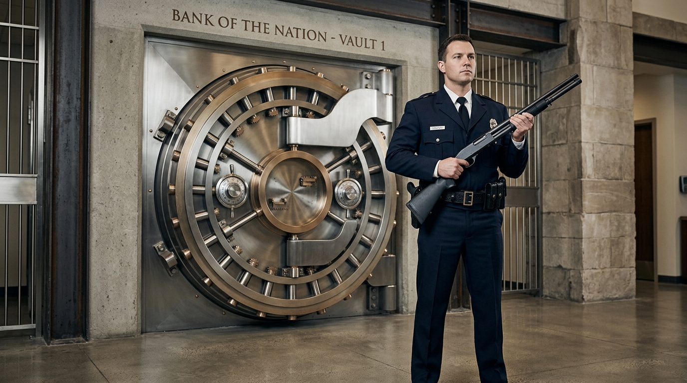 How Open-Cast Mine & Heavy Machinery Security Works - Armed security officer with licensed firearm guarding bank strongroom steel time-lock vault door
