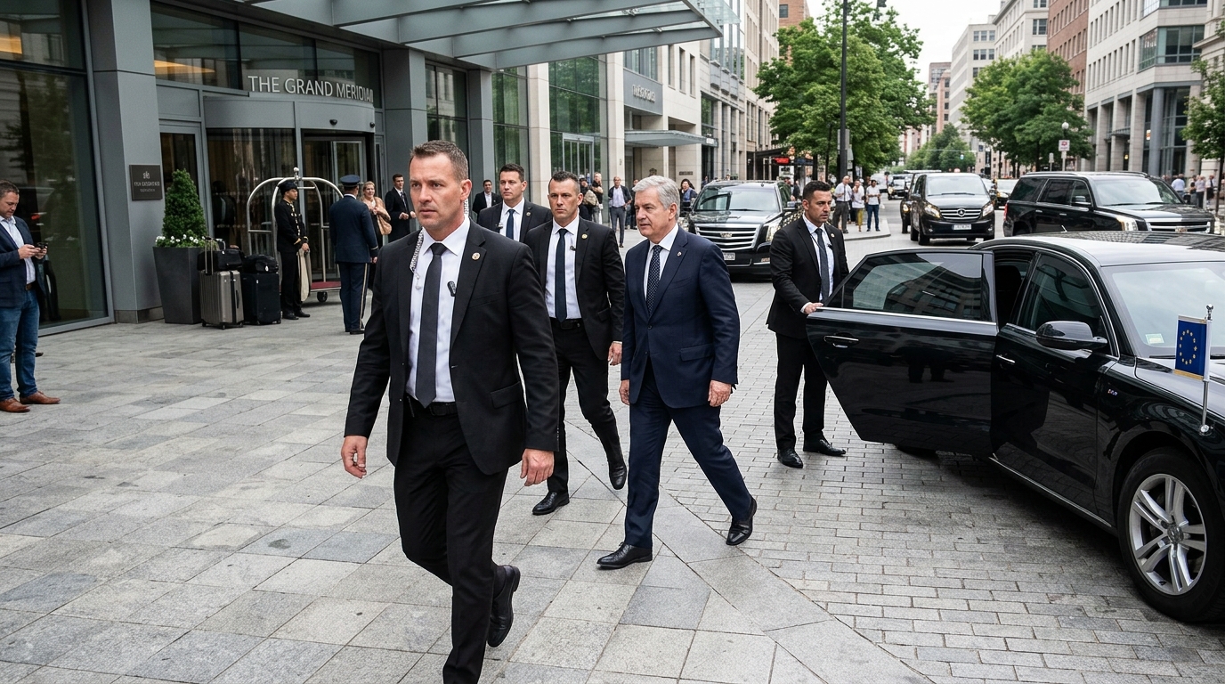 How Executive Protection & Close Protection Officers (PSO) Work - Close Protection Officers (bodyguards) in tailored dark suits escorting VIP to luxury motorcade