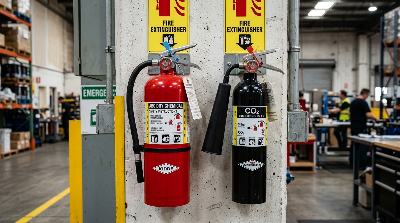 How Fire Extinguishers & the PASS Method Work Operational Deployment How Fire Extinguishers & the PASS Method Work - ABC dry chemical powder and CO2 fire extinguishers mounted on industrial safety wall with pressure gauges