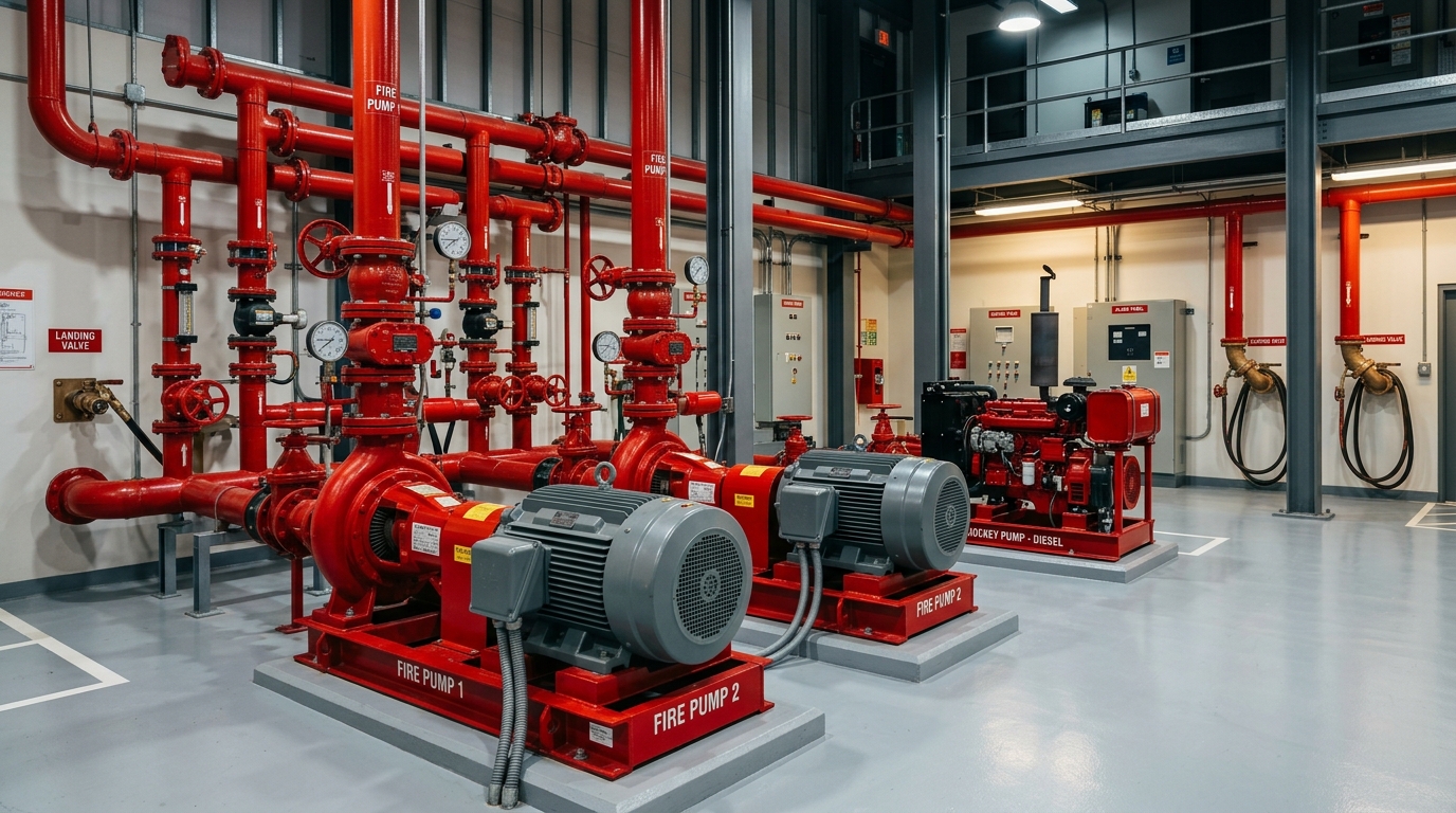 How Industrial Flood & Cyclone Disaster Protection Works - Industrial fire safety pump room with red wet riser booster pumps, jockey pump, and pressure dial gauges