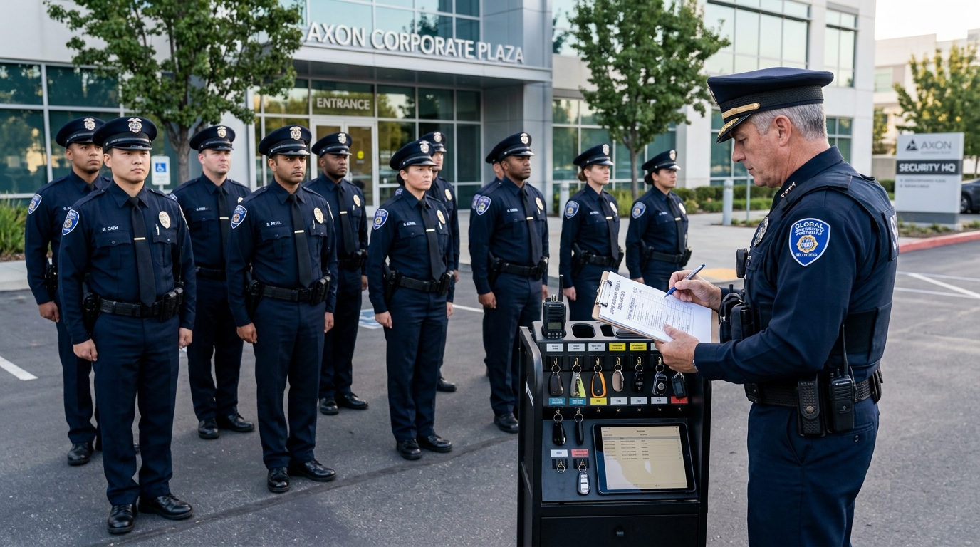 How Guard Patrol Routing & Checkpoint Clocking Works Operational Deployment How Guard Patrol Routing & Checkpoint Clocking Works - Uniformed security guards in morning shift briefing parade with electronic smart key cabinet