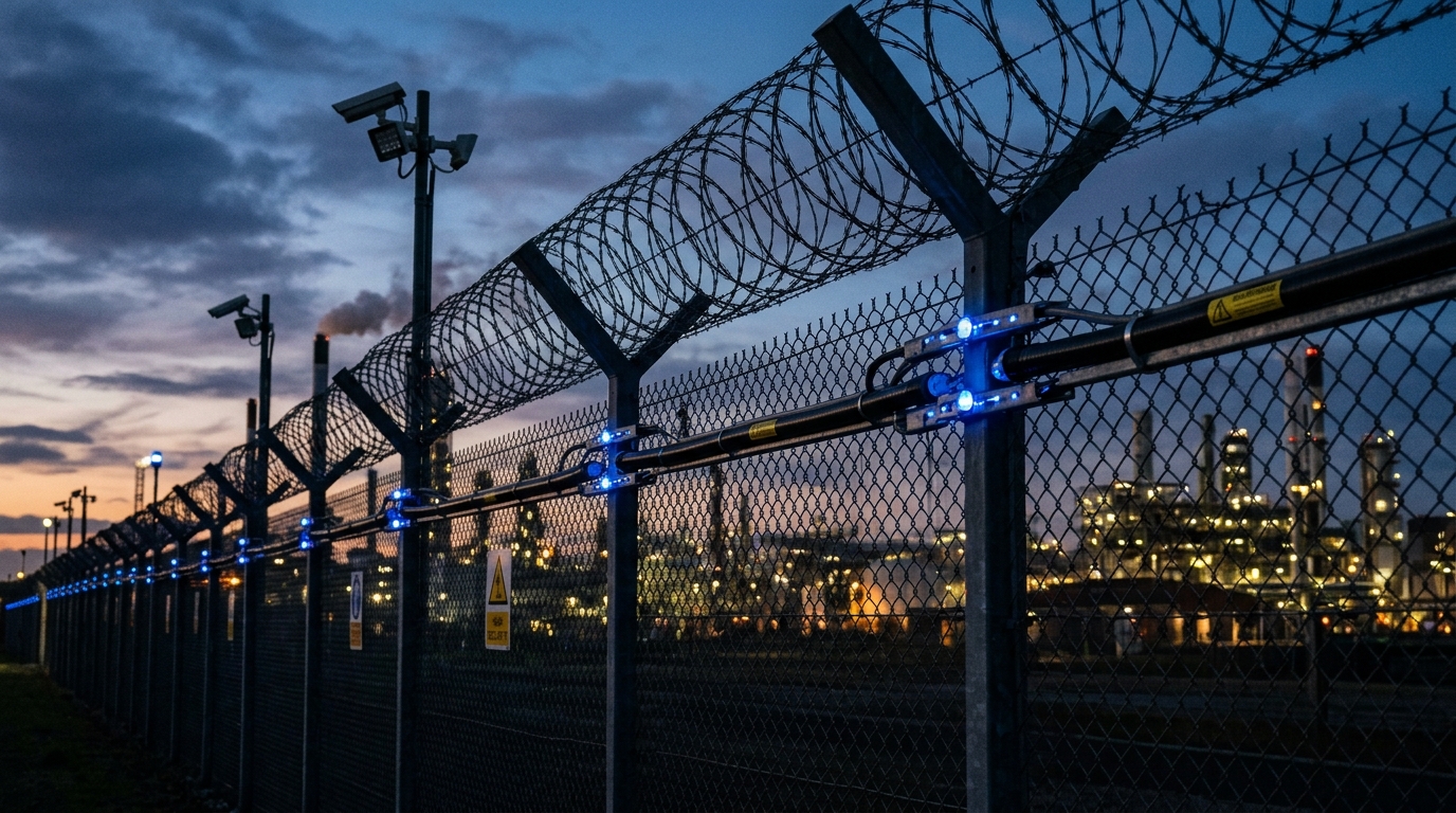 How 3D LiDAR Laser Scanners Work in Security - Industrial razor wire perimeter fence equipped with fiber-optic intrusion detection sensor cables