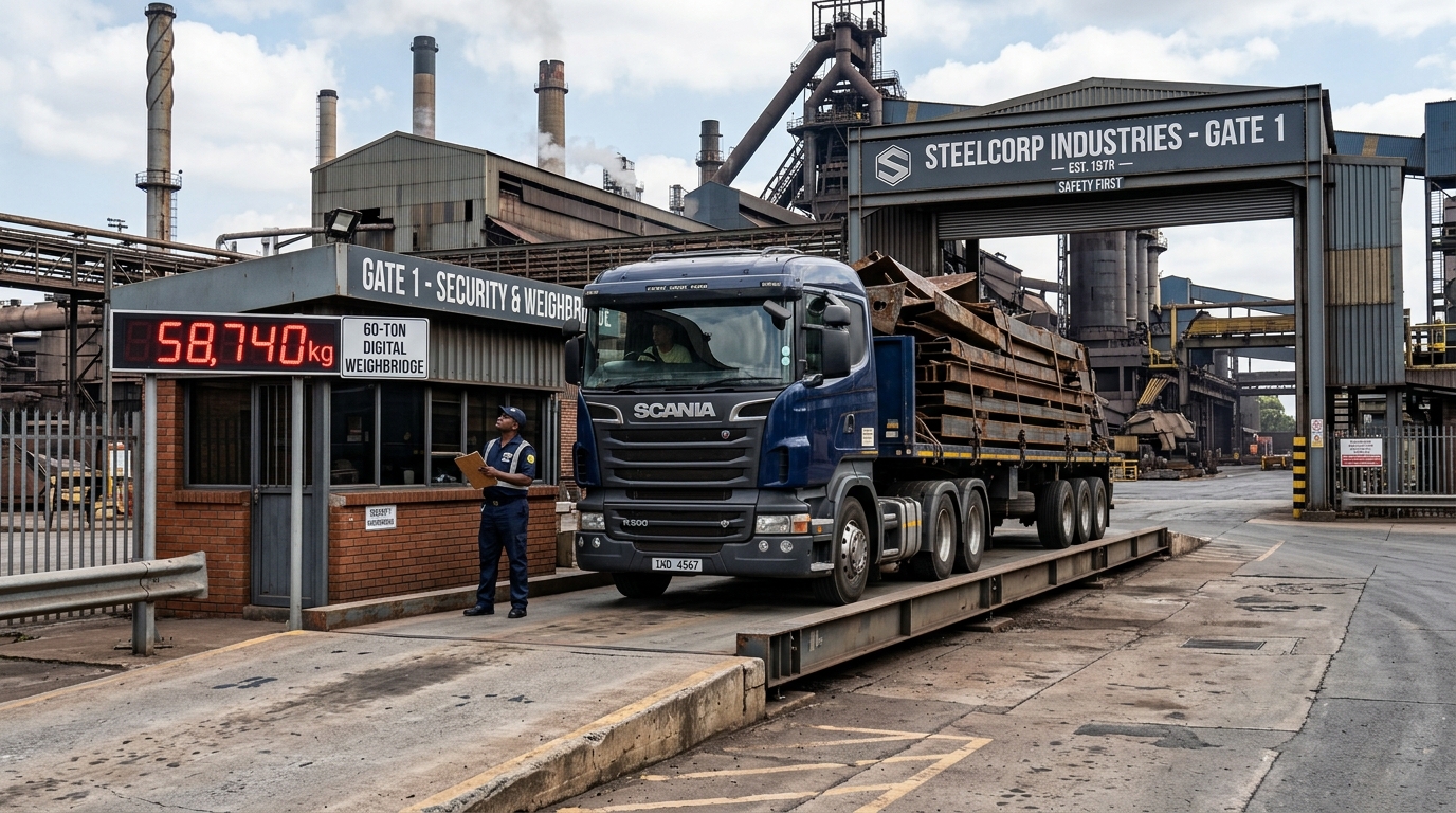 How Cement Manufacturing & Bulk Process Security Works Operational Deployment How Cement Manufacturing & Bulk Process Security Works - Heavy industrial steel manufacturing factory entrance gate with 60-ton digital truck weighbridge scale