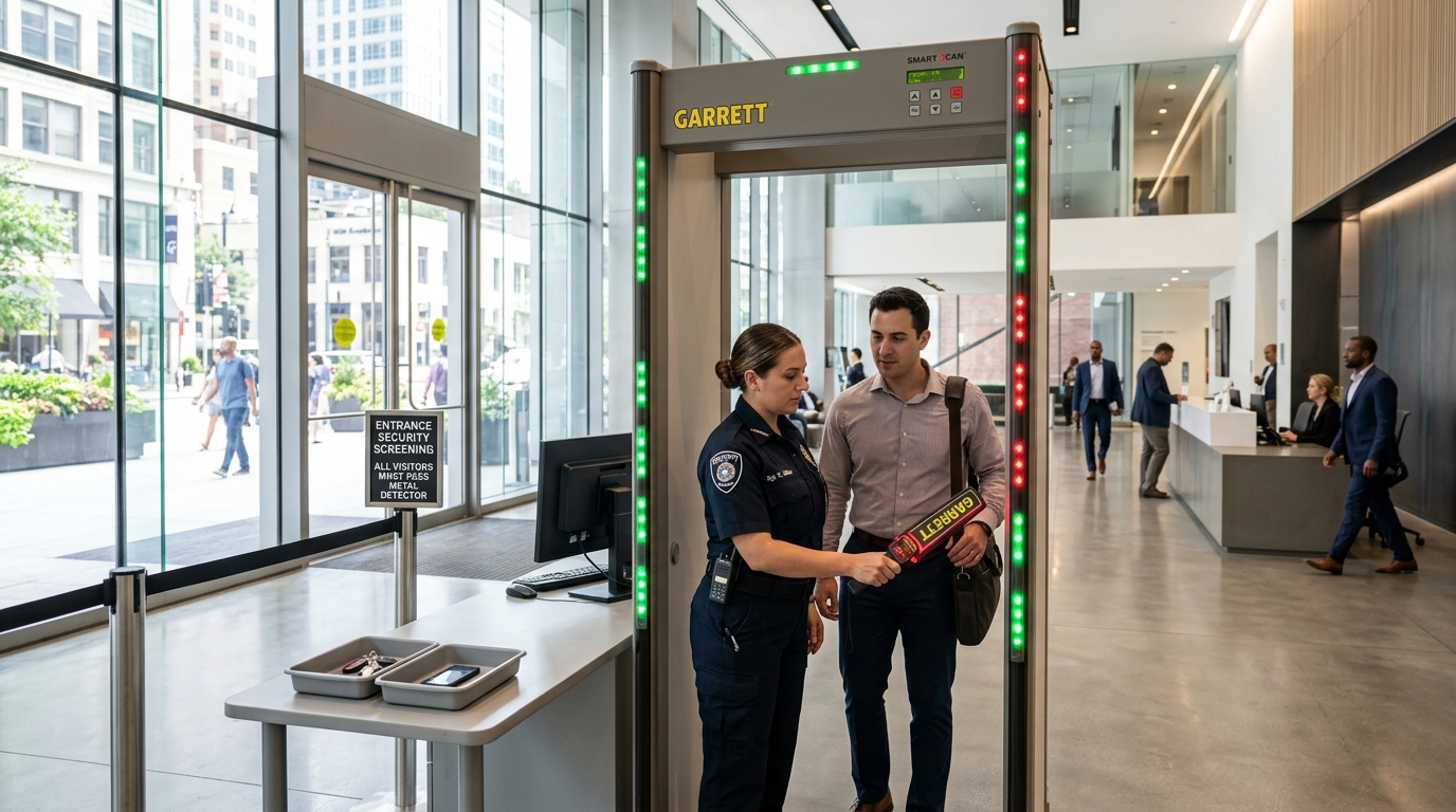 How Corporate Office & IT Park Physical Security Works Operational Deployment How Corporate Office & IT Park Physical Security Works - Multi-zone walk-through metal detector portal frame gate in corporate lobby with guard frisking wand