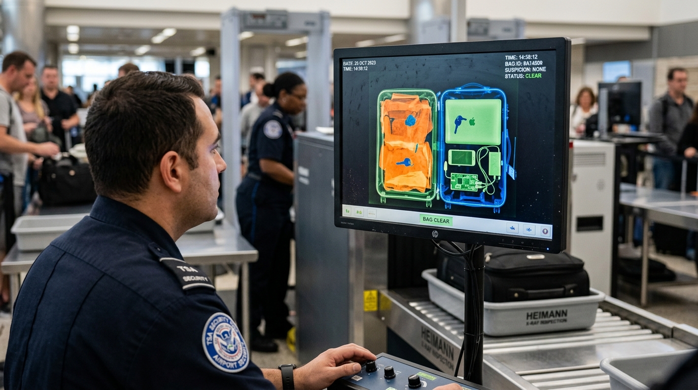 How X-Ray Baggage Inspection Scanners Work - Dual-energy X-ray baggage inspection scanner screen displaying color-coded luggage contents
