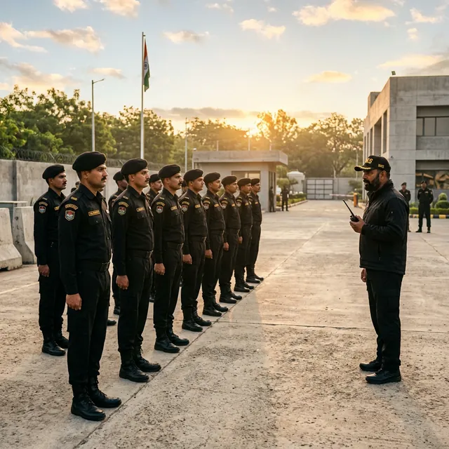 How Security Guard Training & Curriculum Systems Work - Security training academy parade ground with guards practicing physical drill and safety maneuvers